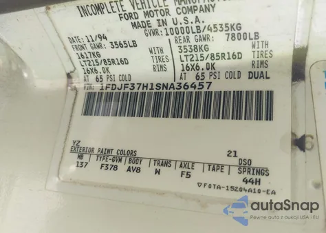 1995 Ford F350 z USA, uszkodzony, nr VIN 1FDJF37H1SNA36457